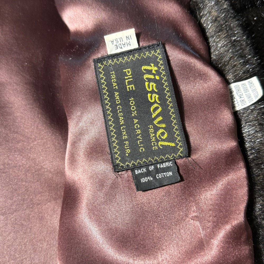Vintage Tissavel France Faux Fur Coat Dark Brown Burgundy Lined Made USA - Picture 3 of 7